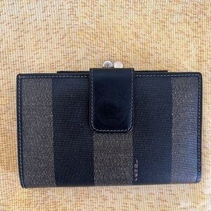Fendi Kiss Lock Wallet Pequin Tobacco Canvas and Leather Vintage Italy